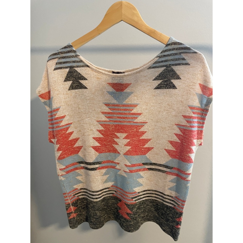Moon Collection Southwestern Geometric Knit Top Crossover Back Cream Red Blue